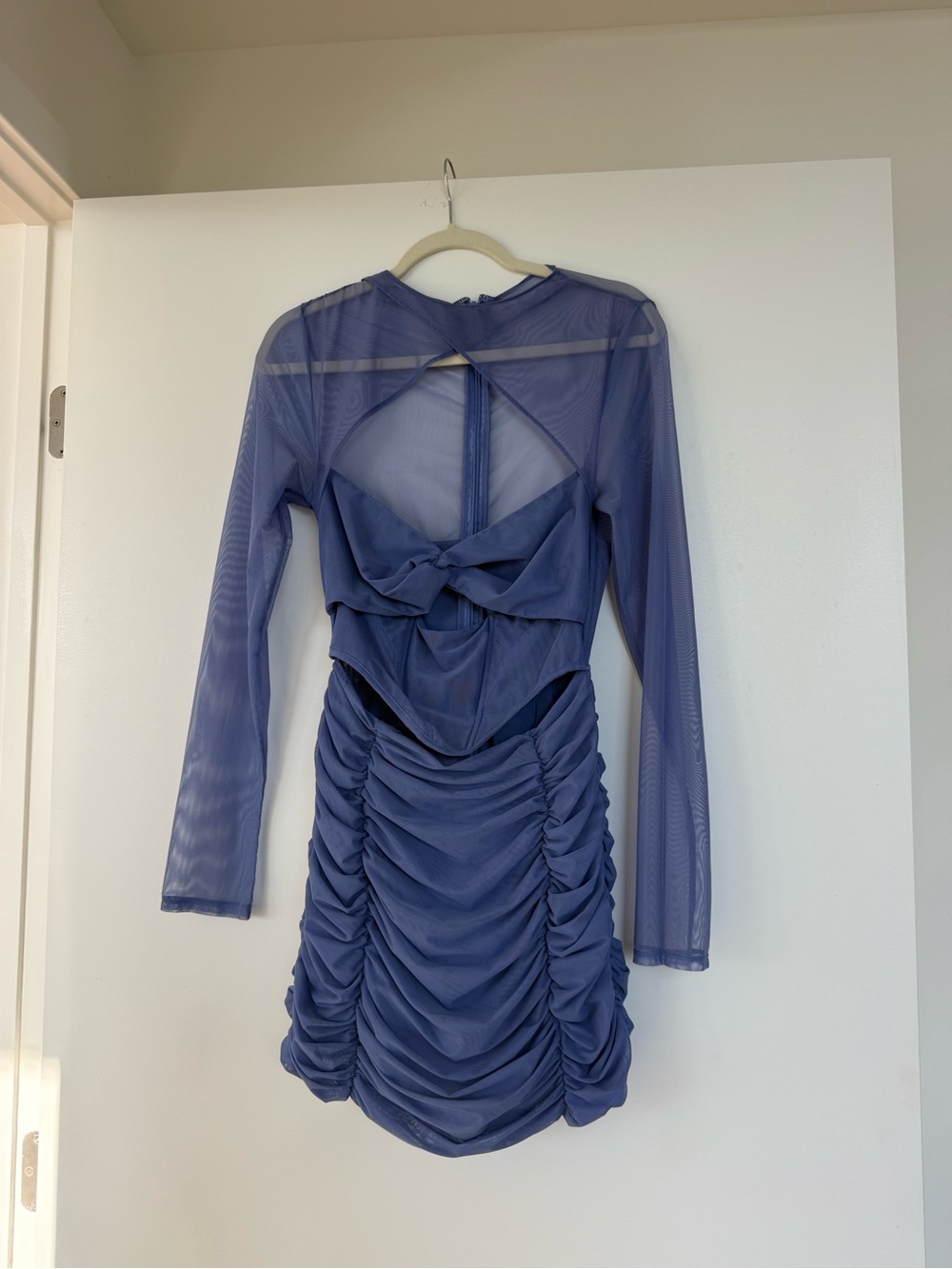 Sheer Long-Sleeve Ruched Cutout Dress in Slate Blue